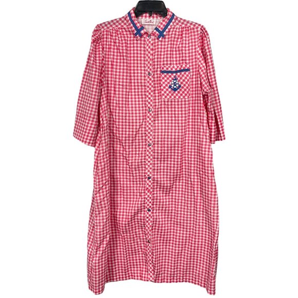 Vintage Smart Time House Dress Gown Medium Red White Gingham Sailor Embroidered - Picture 1 of 5